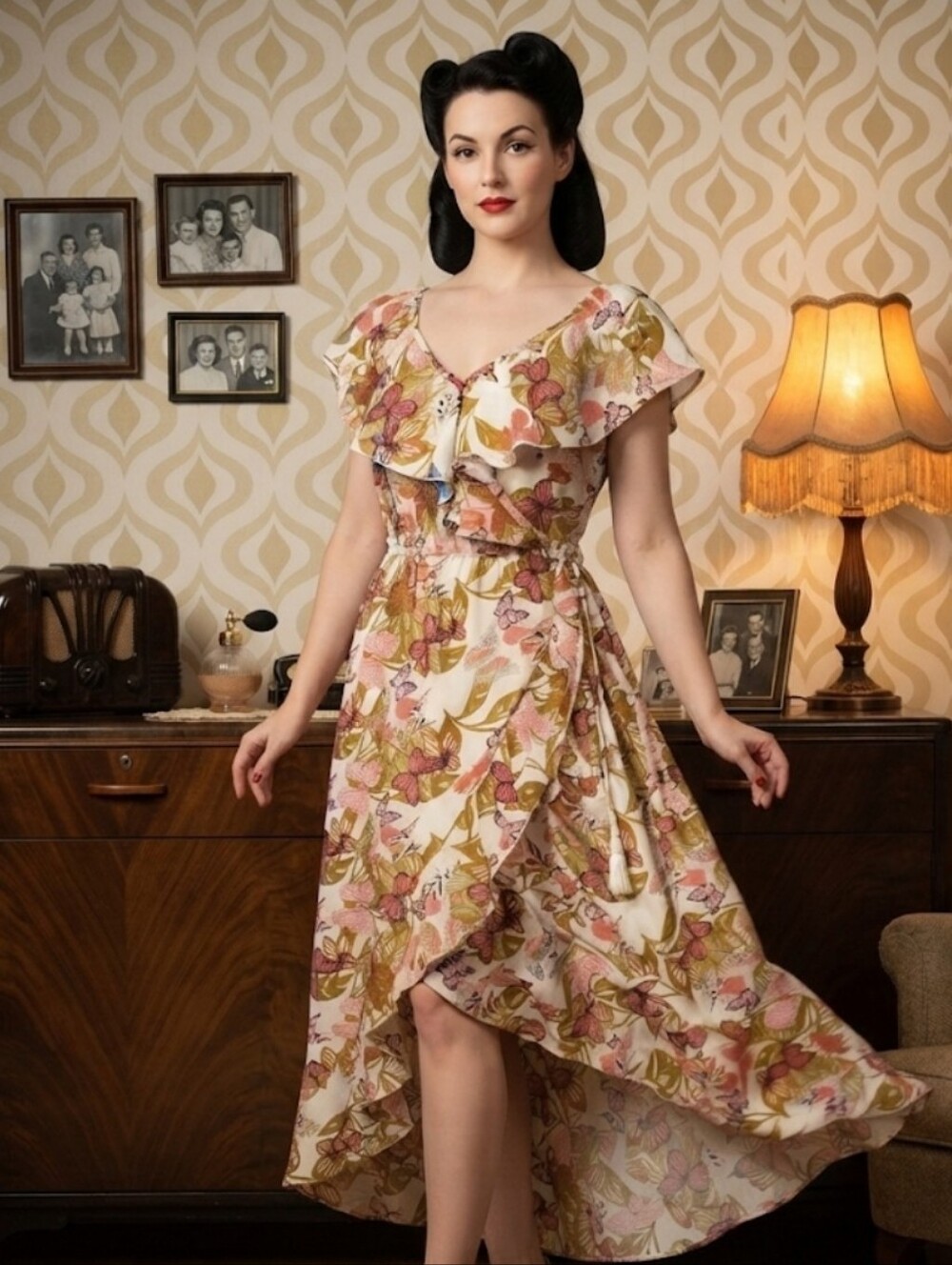 Retrofit Floral High-Low Wrap Dress in Pink and Cream